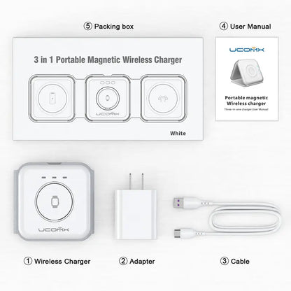 Awwpicks UCOMX Nano 3 in 1 Wireless Charger for Iphone, Not Suitable for Android, Magnetic Foldable 3 in 1 Charging Station, Travel Charger for Multple Devices for Iphone 15/14/13/12, for Airpods 3/Pro/Pro 2, for Iwatch, Christmas Gifts