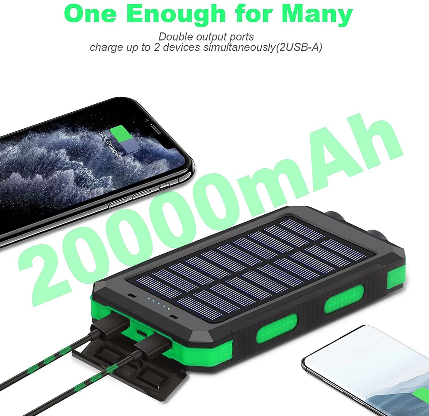 20000Mah Solar Charger for Cell Phone Iphone, Portable Solar Power Bank with Dual 5V USB Ports, 2 Led Light Flashlight, Compass Battery Pack for Outdoor Camping Hiking(Green)