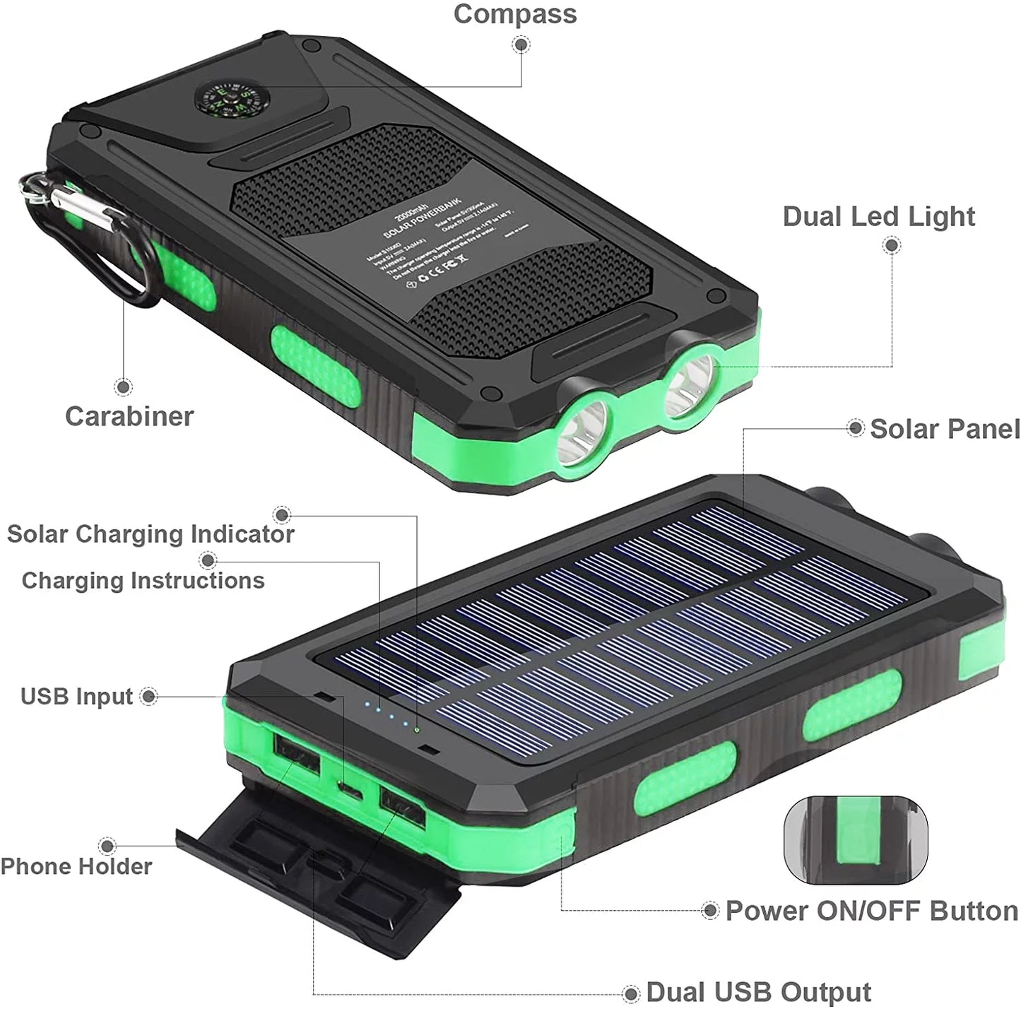 20000Mah Solar Charger for Cell Phone Iphone, Portable Solar Power Bank with Dual 5V USB Ports, 2 Led Light Flashlight, Compass Battery Pack for Outdoor Camping Hiking(Green)