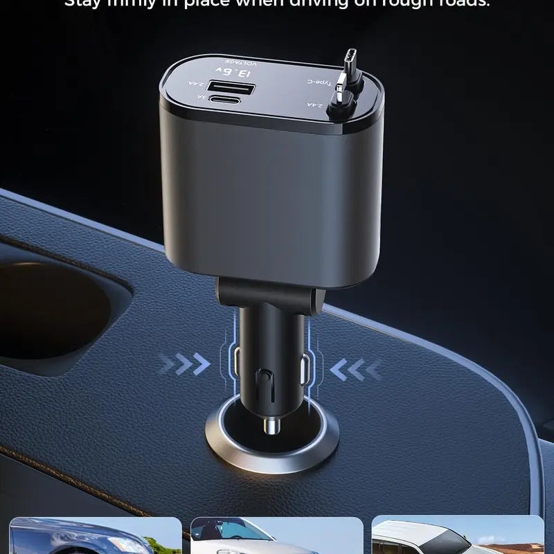 Retractable Car Charger, 4 in 1 Fast Car Phone Charger 60W, Retractable Cables and USB Car Charger,Compatible with Iphone 15/14/13/12/11,Galaxy,Pixel