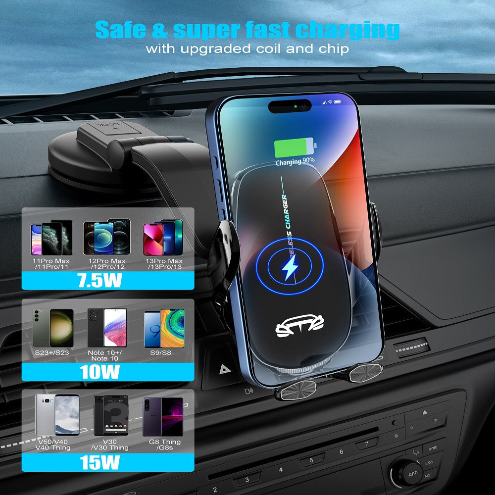 Wireless Car Charger, 15W Fast Charging Auto Clamping Car Charger Phone Mount, Windshield Dashboard Air Vent Car Phone Holder, Fit for Iphone, Samsung, Etc