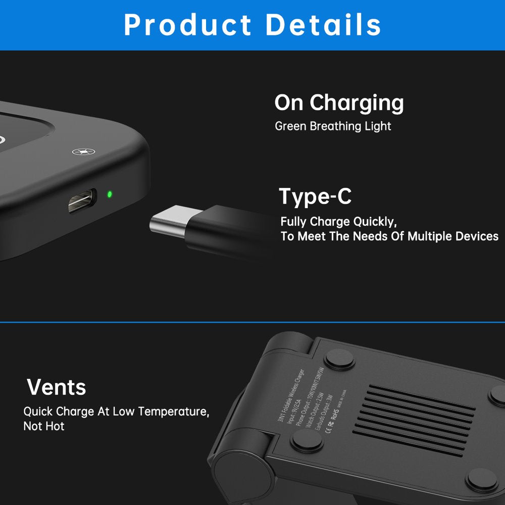 Wireless Charger, 23W 3 in 1 Wireless Charging Station, Fast Charging Dock for Iphone 15/14/13/12/11 Pro Max/X/Xs Max, Airpods 3/2/Pro, Iwatch Series 8/7/6/5/SE/4/3/2, Samsung Phones Charger Stand