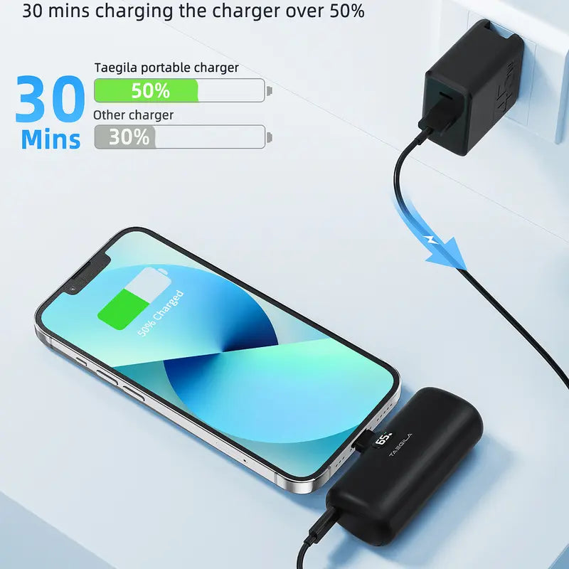 【Buy 2 for 30% Off】Small Portable Charger Iphone 5000Mah with Built in Cable, Mfi Certified Compact Power Bank with LCD Display & LED Light for All Iphone Series 14/13/12/11/XR/X/SE/8/7/6 Pro Max(Black) Phone