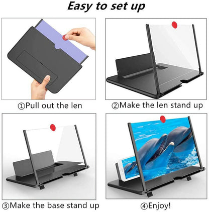 Universal Screen Magnifier for Cell Phone, Portable 3D HD Screen Enlarger Movies Amplifier with Foldable Holder Stand, Compatible with All Smartphones