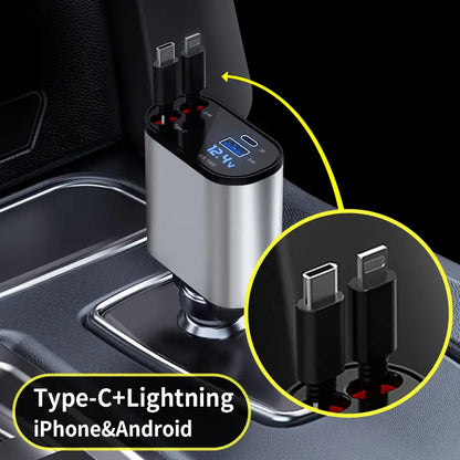 Retractable Car Charger, 4 in 1 Fast Car Phone Charger 60W, Retractable Cables and USB Car Charger,Compatible with Iphone 15/14/13/12/11,Galaxy,Pixel