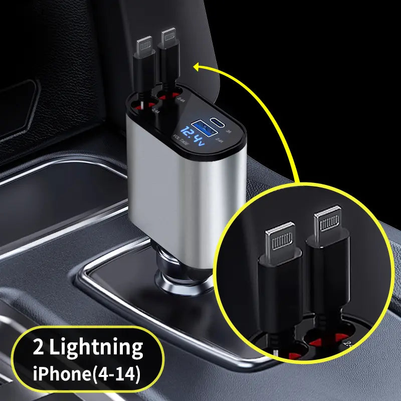 Retractable Car Charger, 4 in 1 Fast Car Phone Charger 60W, Retractable Cables and USB Car Charger,Compatible with Iphone 15/14/13/12/11,Galaxy,Pixel