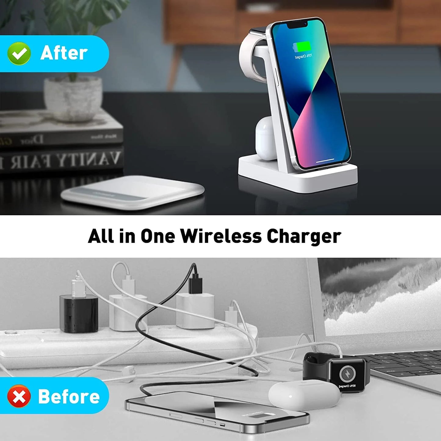 Charger Station for Iphone Multiple Devices - 3 in 1 Fast Wireless Charging Dock Stand for Apple Watch Series 7 6 SE 5 4 3 2 & Compatible with Iphone 14 13 12 11 Pro X Max XS XR 8 7 plus with Adapter