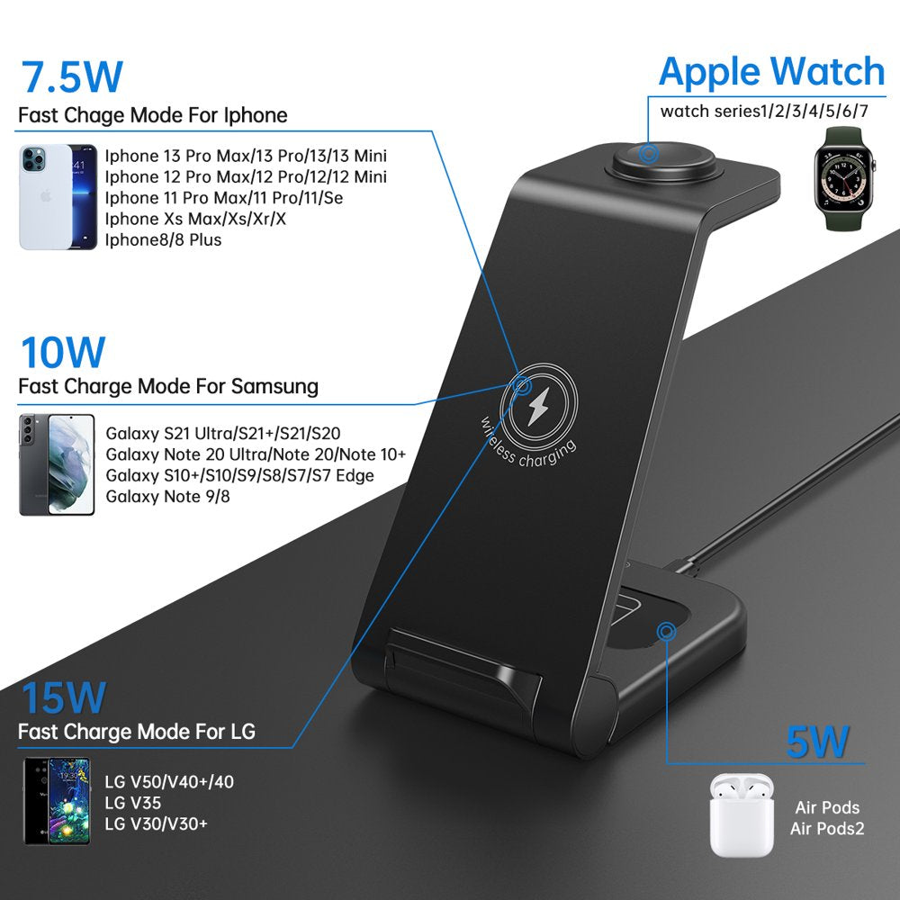 Wireless Charger, 23W 3 in 1 Wireless Charging Station, Fast Charging Dock for Iphone 15/14/13/12/11 Pro Max/X/Xs Max, Airpods 3/2/Pro, Iwatch Series 8/7/6/5/SE/4/3/2, Samsung Phones Charger Stand