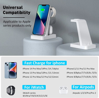 Charger Station for Iphone Multiple Devices - 3 in 1 Fast Wireless Charging Dock Stand for Apple Watch Series 7 6 SE 5 4 3 2 & Compatible with Iphone 14 13 12 11 Pro X Max XS XR 8 7 plus with Adapter