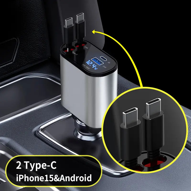 Retractable Car Charger, 4 in 1 Fast Car Phone Charger 60W, Retractable Cables and USB Car Charger,Compatible with Iphone 15/14/13/12/11,Galaxy,Pixel