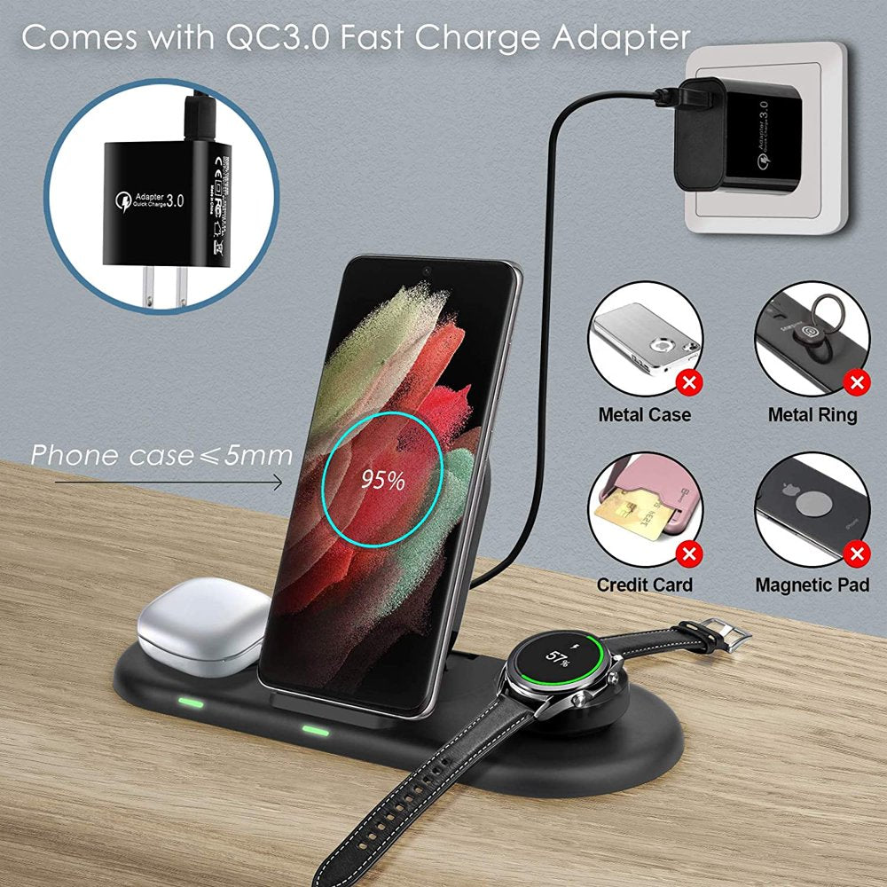 Wireless Charging Station for Samsung, 3 in 1 Wireless Charger for Samsung S24 Ultra/S24+/S24/S23 Ultra/S23 FE/Z Fold5/Z Flip 5/S22/S21, Galaxy Watch 6 Classic/6/5/5 Pro/4/3/1/Active 2 1, Galaxy Buds