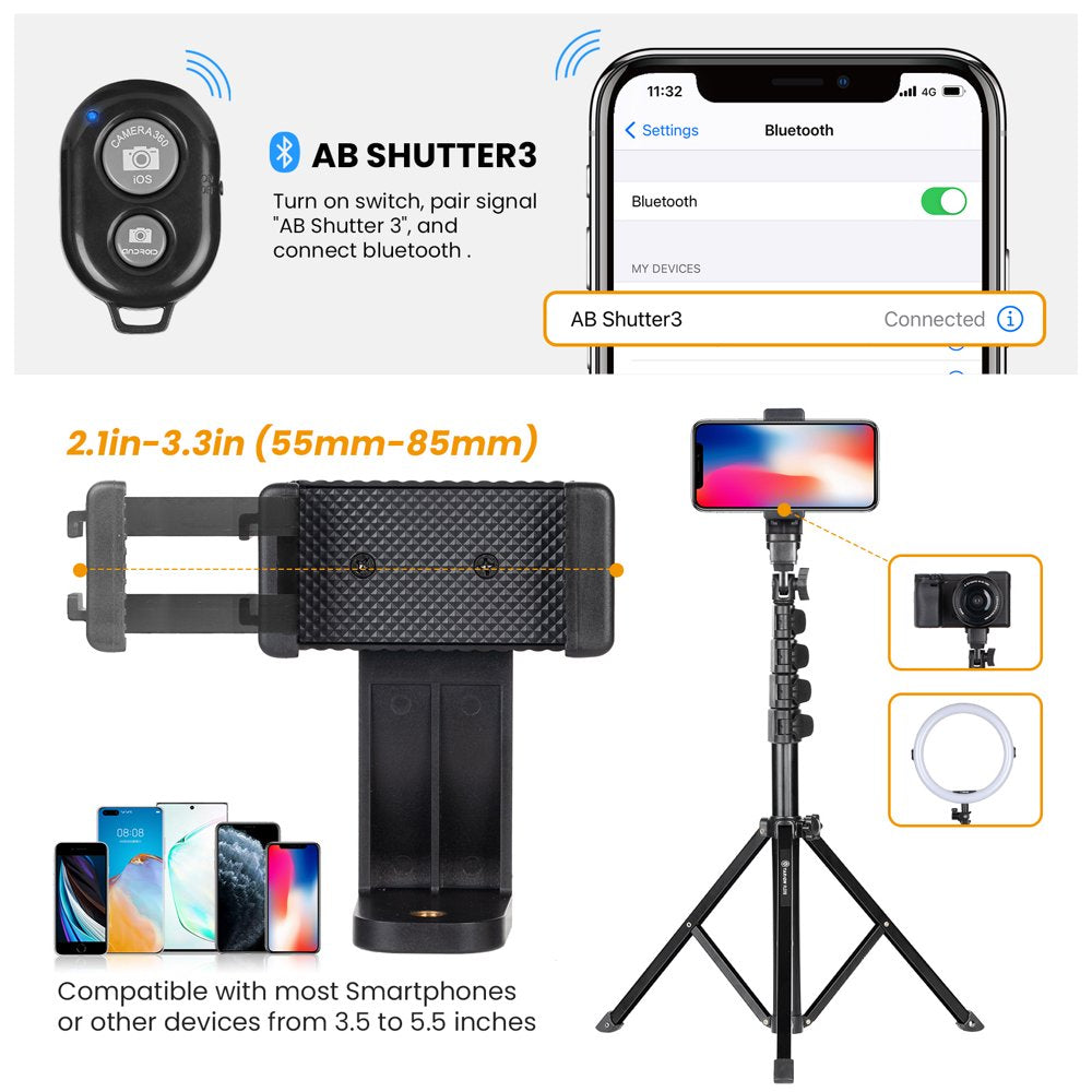 65.3" Phone Tripod Stand Mobile Selfie Tripod Stick with Remote Bluetooth Phone Clamp Travel Lightweight Smartphone Tripod Stand for Cell Phone Compact Camera Ring Light Video Recording Filming